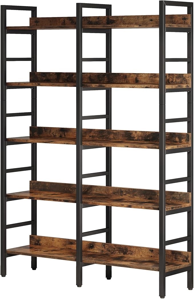 Tribesigns 5-Tier Industrial Bookshelf, 71”H x 47”W Etagere Bookcase, Freestanding Double Wide Book Shelf for Storage and Display, Wood and Metal Bookshelves for Living Room Home Office, Rustic Brown