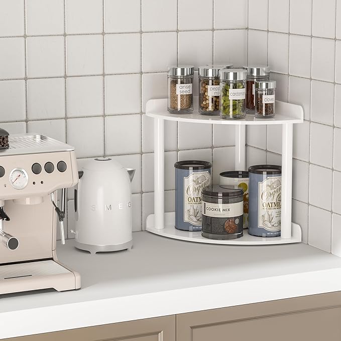 2-Tier Countertop Corner Organizer Shelf - 7x7x8 Inch, White Acrylic Bathroom Organizer for Countertop, Vanity Storage for Skincare, Cosmetics, Perfume