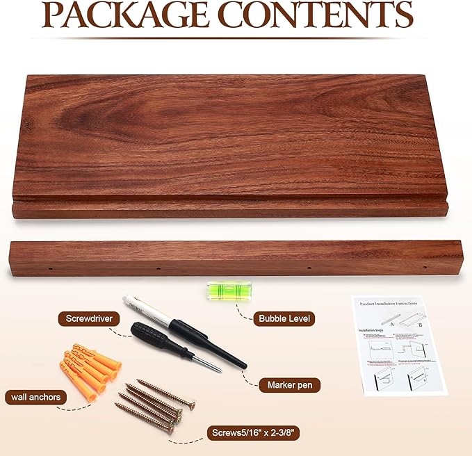 Solid Walnut Floating Shelves for Wall, 16"*6.7"*1.6"Real Thick Wood Mounted Wall Display Shelf with Joinery for Home Decor, Bathroom,Kitchen(Natural Walnut Brown)