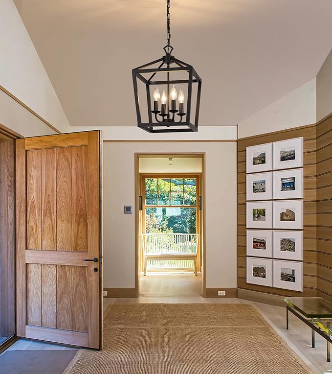 AMZASA Farmhouse Rustic Black Lantern Chandelier Hanging Light Fixture 4-Lights for Kitchen Island Dining Room Hallway Entryway Foyer UL Listed