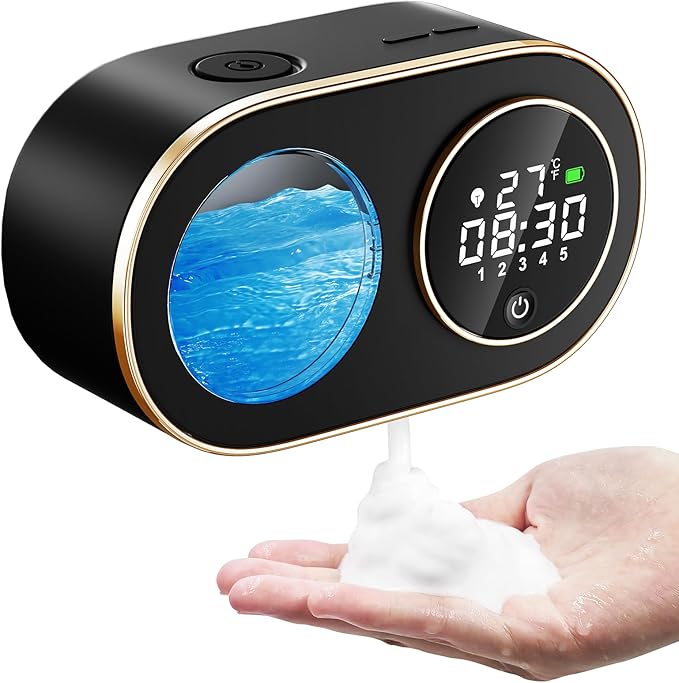 Touchless Automatic Foaming Hand Soap Dispenser Wall Mount AETTL,Kitchen Bathroom,Modern Smart Home,USB Type-C Rechargeable,Long Battery Life,Time and Temperature Display,5-Level Adjustable,10.8 oz