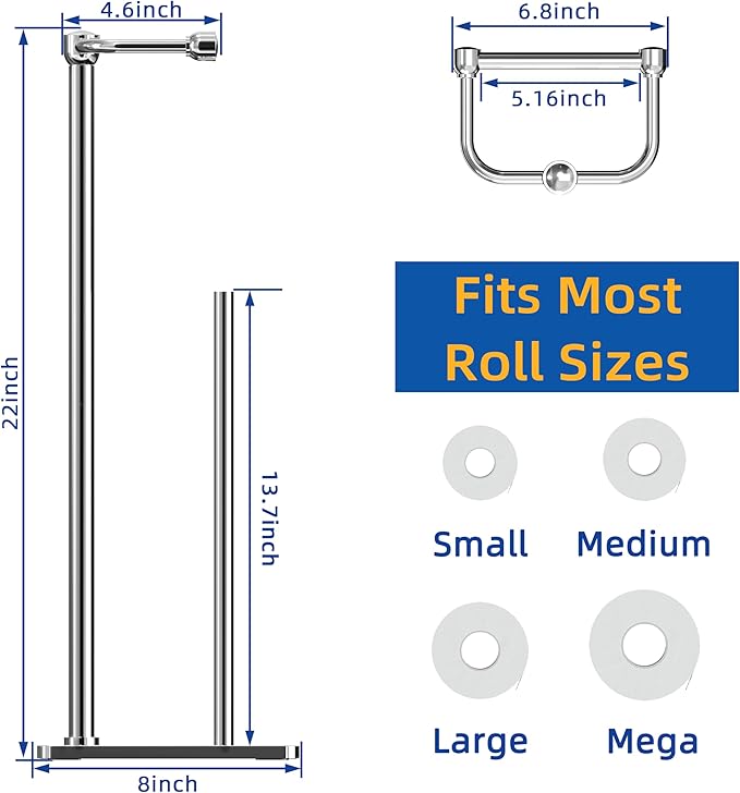 RUACQ Toilet Paper Holder Stand, Bathroom Toilet Paper roll Holder Free Standing with Storage for 4 Rolls, Post Pivoting Design, Stable Weighted Base, SUS304 Stainless Steel(Chrome)