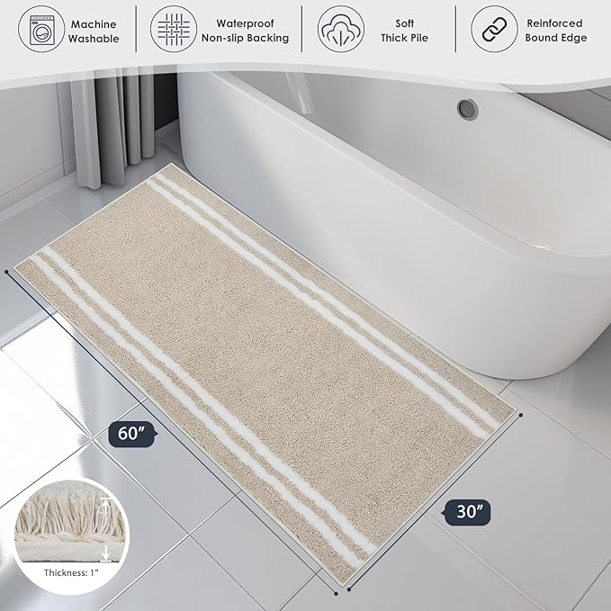 PURRUGS Bathroom Rug Non-Slip Machine Washable 30" x 60", Super Absorbent and Quick Dry Shaggy Microfiber Bath Mat, Extra Soft and Plush Bath Rug for Bathtub, Shower and Sink, Beige