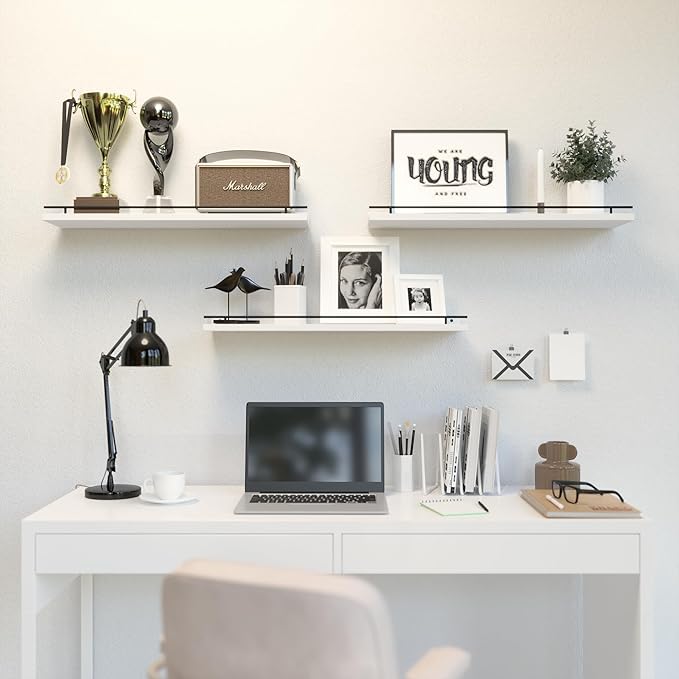 WOPITUES Floating Shelves 24 inch with Gold Metal Guardrail, Shelves for Wall Decor Set of 3, Wall Shelves for Bedroom, Bathroom, Kitchen, Living Room, Plants, Picture Frames, Art- Black and White