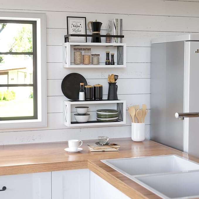 RICHER HOUSE Floating Shelves with Guardrail, Rustic Wood Shelves for Wall Décor, Farmhouse Bathroom Accessories Wall Mounted, Bathroom Organizer Over Toilet Storage, Kitchen, Living Room - White