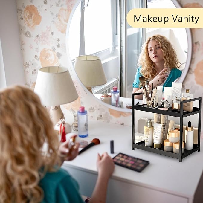 2-Tier Bathroom Countertop Organizer Multifunctional Vanity Tray Cosmetic and Makeup Storage Rack Kitchen Spice Shelf Freestanding Organizer (White)