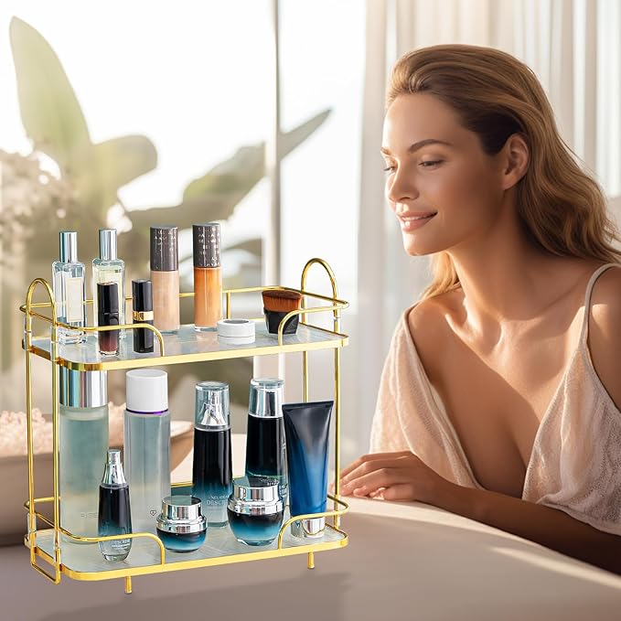 2 Tier Corner Bathroom Counter Organizer, Cosmetic Skincare Organizer, Bathroom Countertop Perfume Tray Vanity Organizer, Kitchen Spice Corner Storage Shelf