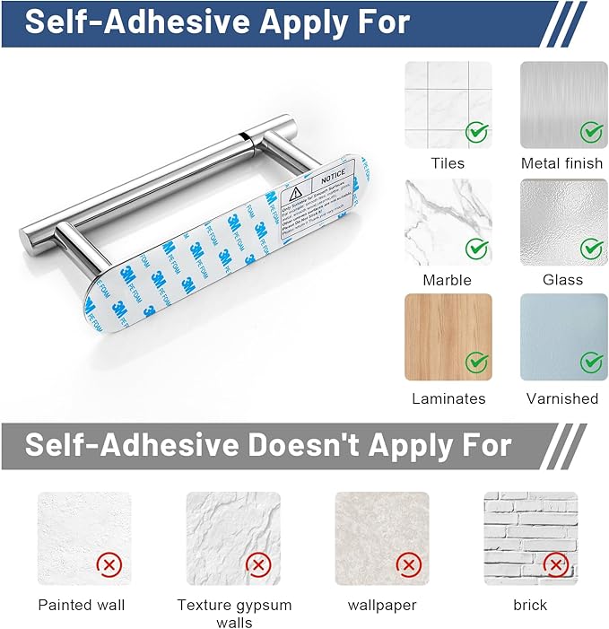 Self Adhesive Chrome Toilet Paper Holder, SUS304 Stainless Steel Toilet Roll Holder, Double Base Paper Towel Holder Wall Mount No Drilling for Bathroom, Kitchen, Washroom