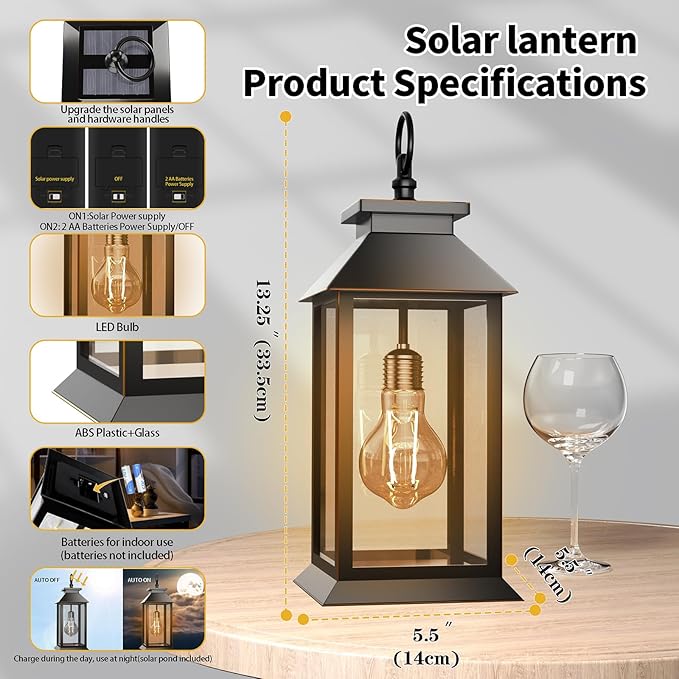 2 Pack Hanging Solar Lanterns Glass Solar Lights Outdoor Waterproof Upgraded Solar and 2 AA Batteries Powered, for Outside Porch, Patio and Indoor Tables, Mantelpiece
