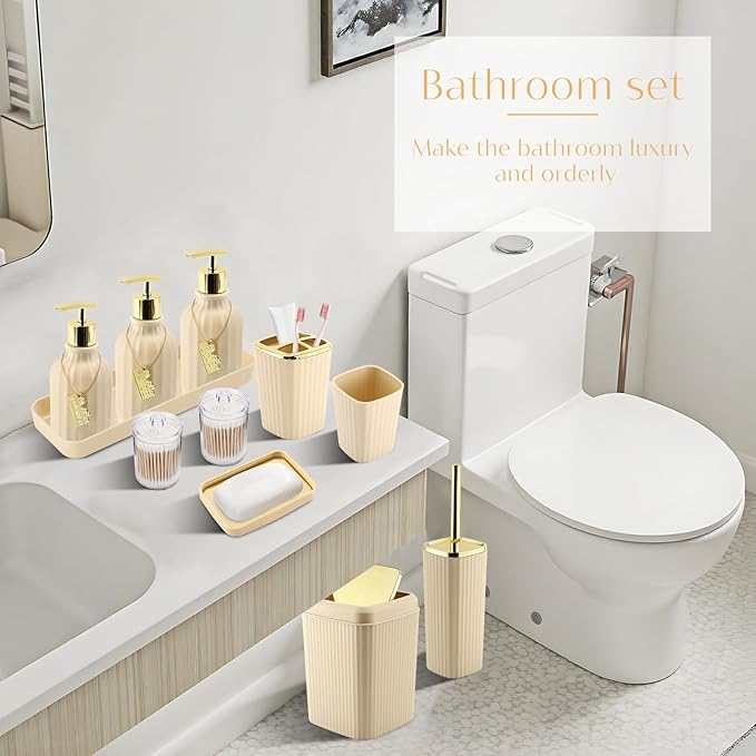 17PCS Bathroom Accessory Set Bathroom Set Beige Bathroom Accessories,Toilet Brush, Trash Can, Qtip Holder Dispenser& 3PCS Soap Dispenser