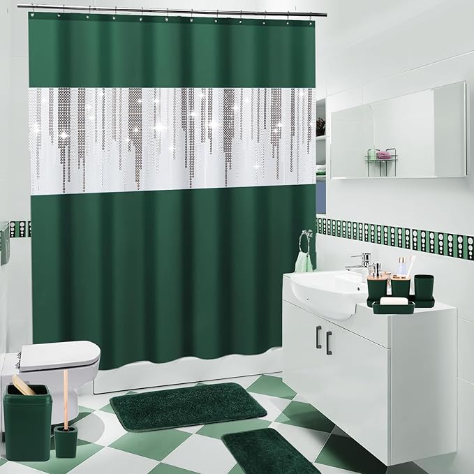 Dark Green Bathroom Sets with Shower Curtain and Rugs,Bathroom Sets Shower Curtain Set with Extra Soft and Absorbent Bathroom Rugs Green Bathroom Accessories