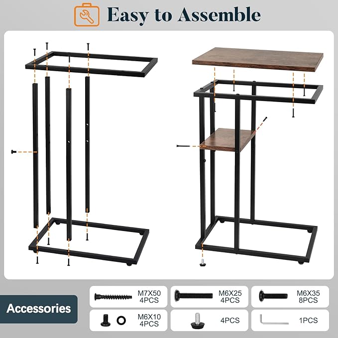 Yoobure C Table End Table Set of 2, Side Tables Living Room, C Shaped Side Table, Couch Tables That Slide Under Couch Table with Metal Frame, Rustic Snack Table for Bedroom/Small Spaces Large Desktop