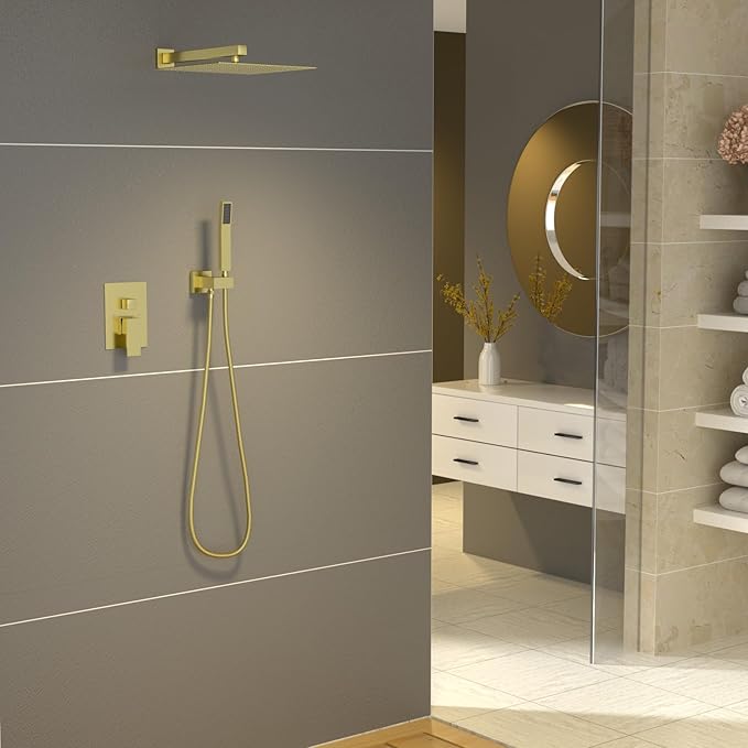 Sarlai Shower System Bathroom Faucet Set Square Rainfall Shower Head and Handle Combo Wall Mounted Shower Faucet with Valve 12 Inch Shower Head Trim Systems Gold Brushed