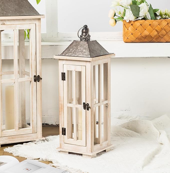 TIMRIS Large Rustic Wooden Decorative Lantern Set of 2, Modern Farmhouse Distressed Whitewash Floor Candle Lanterns, Indoor/Outdoor Hanging Lanterns for Home Decor (No Glass)