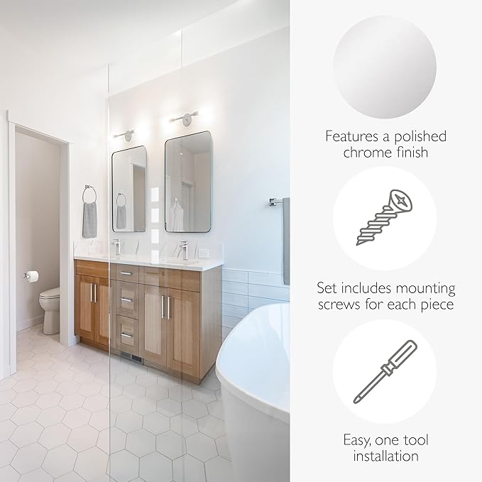 Design House Millbridge 4 Piece Bathroom Accessory Set, Towel Bar, Robe Hook, Toilet Paper Holder, Towel Ring, Easy Installation, Polished Chrome, 25.81 in L x 1.97 in W x 6.44 in H, Item 534628