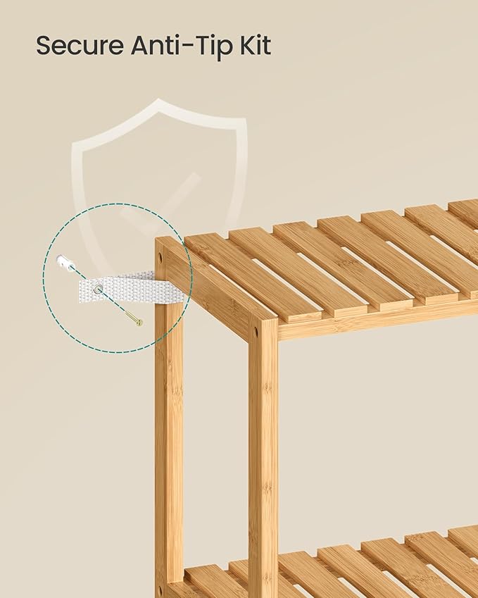 SONGMICS Bamboo Storage Shelf, 3-Tier Shelving Unit, Multifunctional, in The Entryway, Bathroom, Living Room, Balcony, Kitchen, 10.2 x 23.6 x 26 Inches, Light Bamboo UBCB33Y