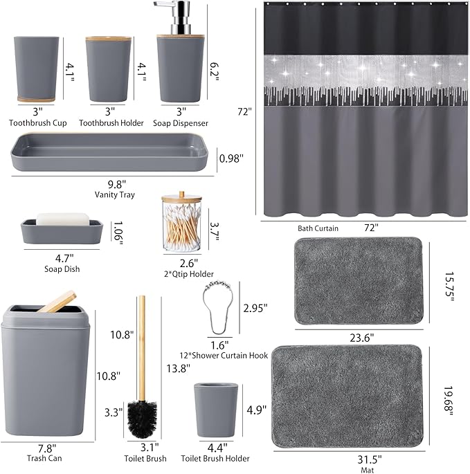 Bathroom Accessories Set with Glitter Shower Curtain and Bath Mats, 24 Piece Grey Shower Curtain Set,Bathroom Accessories Set Complete for Home Decor
