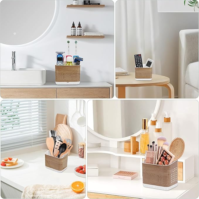 Toothbrush Holders for Bathrooms, Kids Electric Toothbrush and Toothpaste Holder, Toothbrush Caddy Organizer, 4 Slots Tooth Brushing Stand for Bathroom Organizer Countertop (Wood Grain)