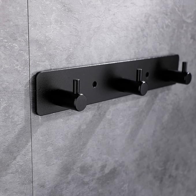 Black 3 Wall Hooks, Matte Black Bathroom Hook Rail, Self Adhesive Key Hook Rack Hanger Towel Robe Stick Hooks for Toilet Entryway Hallway Kitchen Wall Mounted