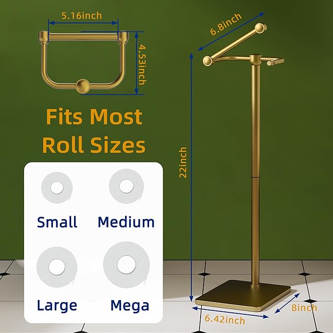 RUACQ Toilet Paper Holder Stand, Bathroom Toilet Paper Roll Holder Free Standing, Toilet Tissue Holder Stand with Post Pivoting Design, Stable Weighted Base, SUS304 Stainless Steel (Brushed Gold)