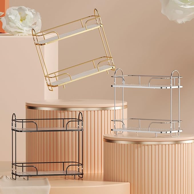 2 Tier Corner Bathroom Counter Organizer, Cosmetic Skincare ,Bathroom Countertop Perfume Tray Vanity, Kitchen Spice Corner Storage Shelf