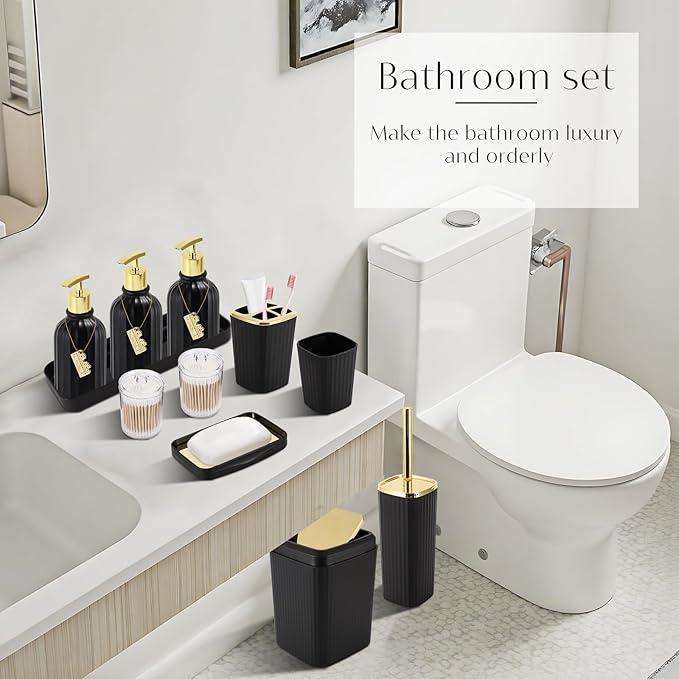 17PCS Bathroom Accessories Bathroom Set Black Bathroom Accessories,Toilet Brush, Trash Can, Qtip Holder Dispenser& 3PCS Soap Dispenser