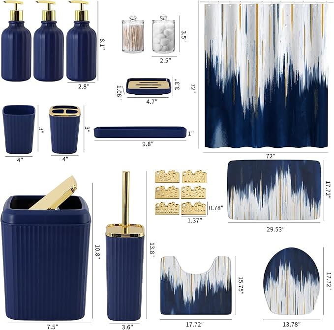 32PC Bathroom Sets with Shower Curtain and Rugs-Navy Blue Bathroom Accessories,Non Slip Bathroom Rugs Set with Toilet Lid Cover, Waterproof Shower Curtain, 3PC Soap Dispenser with Trash Can