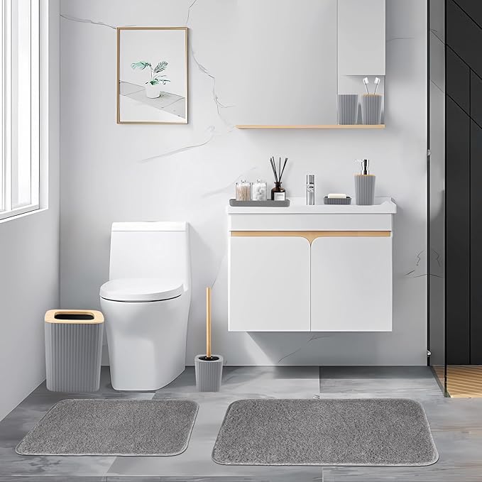 Bathroom Accessory Set–Bathroom Set with Shower Curtain and Rugs, No Slip Bathroom Rugs Super Absorbent, Grey Ombre Waterproof Shower Curtain with Hooks, Gray Bathroom Sets Complete for Home