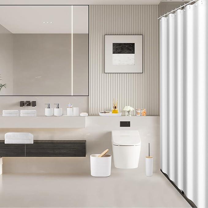 White Bathroom Set, White Bathroom Accessories Set with Shower Curtain, Bath Towel Set, Trash Can, 2PCS Soap Dispensers, Soap Dish, Toothbrush Holder and Cup,Toilet Brush for Bathroom Decor