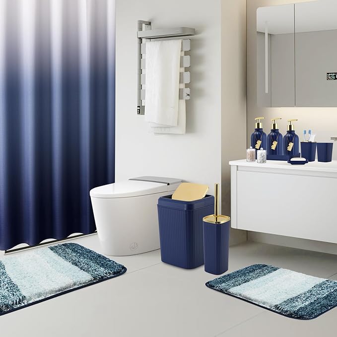 32PCS Bathroom Set Bathroom Sets with Shower Curtain and Rugs Navy Blue Bathroom Accessories,Shower Curtain Set,Bathroom Rug Set with Bathroom Trash Can