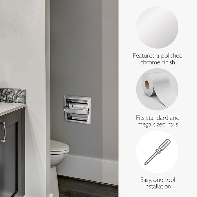 Design House Millbridge Toilet Paper Holder, Recessed, Fits Mega Rolls, Standard Wall Mount, Concealed Screws, Easy Installation, Polished Chrome, 6.1 in L x 7.4 in W x 3.26 in H, 533125