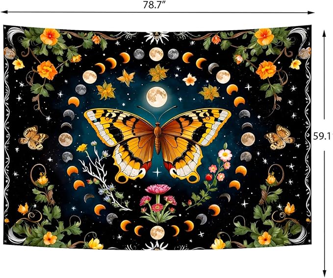 Delur Butterfly Moon Flower Tapestry Botanical Floral Plant Boho Tapestry Wall Hanging Mandala Aesthetic Mushroom Retro Vintage Headboard for Bedroom Living Room Home Decor (59.1" x 78.7")