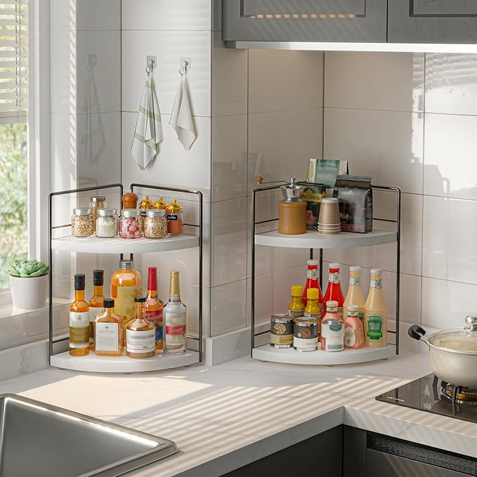 2 Pack Bathroom Counter Organizer,2 Tier Corner Bathroom Counter Organizer, Wooden Vanity Organizer for Bathroom Organizers and Skincare Cosmetics Dresser Storage