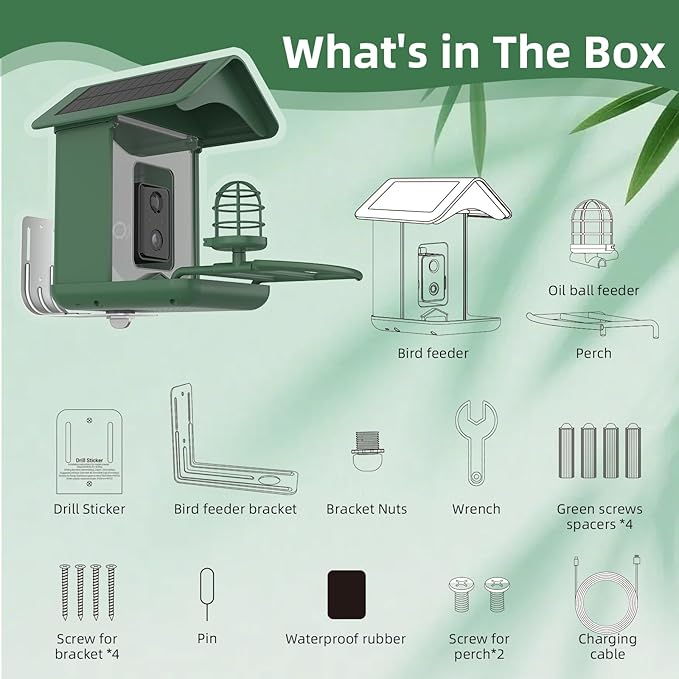 Smart Bird Feeder with Camera, AI Species Identify, Dual Solar Powered Birdfeeder Cam for Outside IP65 with 2.4GHz WiFi, 2K HD Auto Capture Birds Video for Bird Lover (Green)