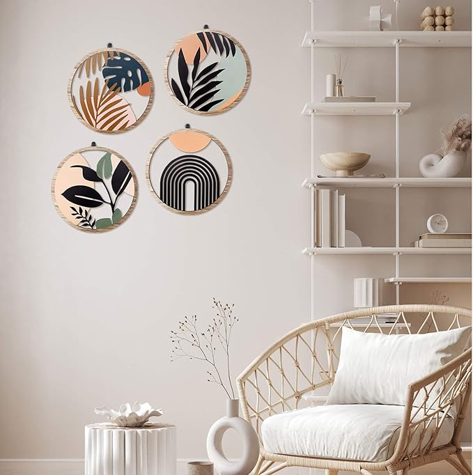 Qunclay 4 Pieces Boho Wall Art Wooden Bohemian Wall Decor Hanging Art Nursery Decor Farmhouse Geometric Hanging 10 Inch Aesthetic Wood Minimalist for Apartment Bedroom(Elegant)