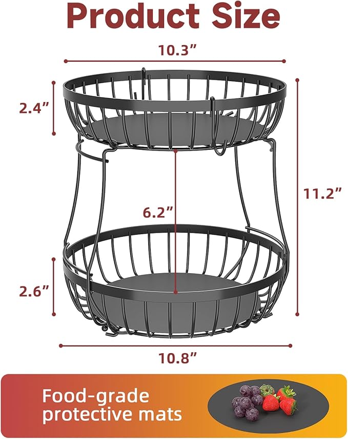 2 Tier Fruit Basket for Kitchen Counter with 2 Banana Hangers, Metal Stackable Fruit Bowl for Kitchen Counter for Bread Vegetable Fruits, Black