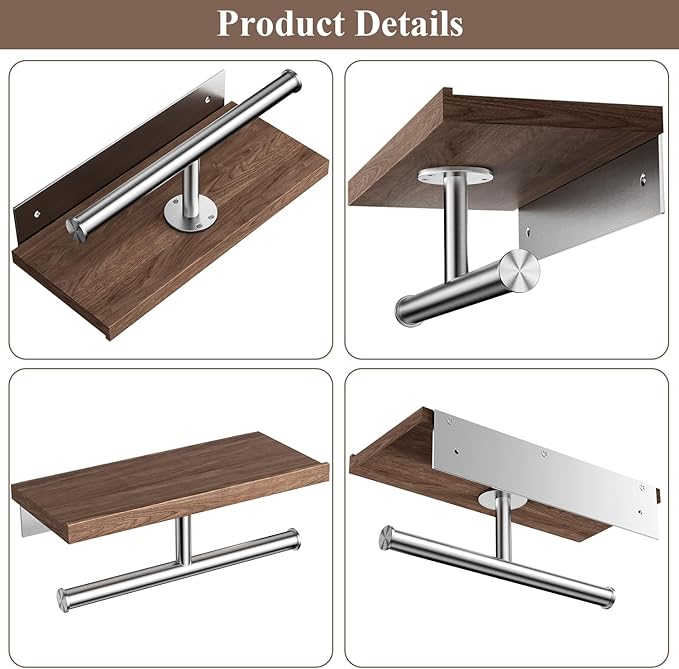 Tindbea Rustic Double Toilet Paper Holder with Walnut Wood Shelf, Farmhouse Toilet Paper Holder Brushed Nickel Stainless Steel Bathroom Tissue Roll Holder