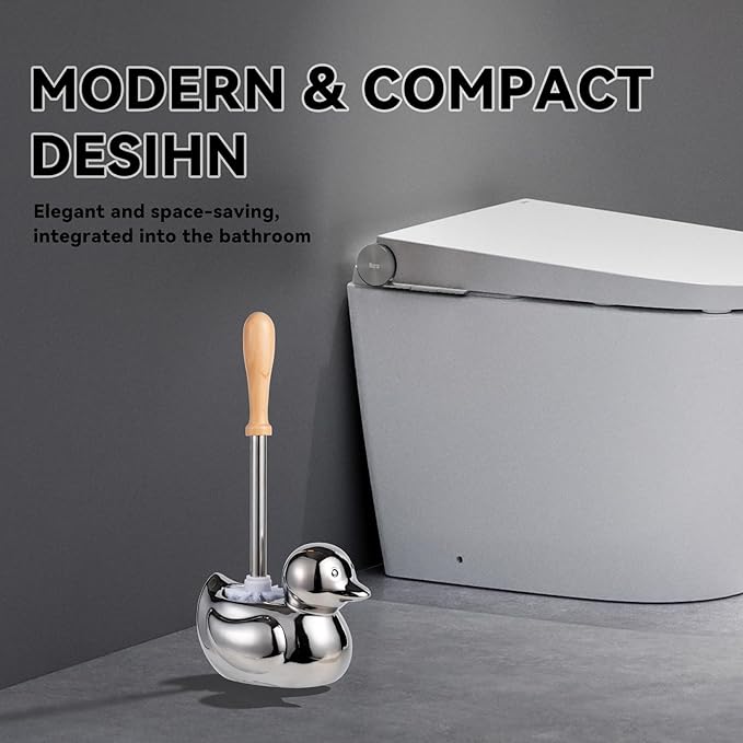 Toilet Brush Holder Set - Ceramic Silver Toilet Scrubber Brush with Duck Base, Bathroom Cleaning Brush, 7.5" Cute Toilet Brush Organizer, Home Decor& Easy Wipe Clean