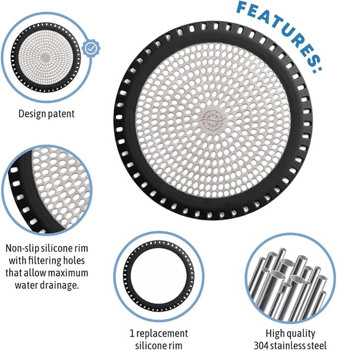 Shower Drain Hair Catcher – Ultra ShowerRing 5" Drain Cover for Flat & Domed Floors | Stainless Steel Hair Trap with Silicone Rim | High-Flow Strainer Prevents Clogs - Black