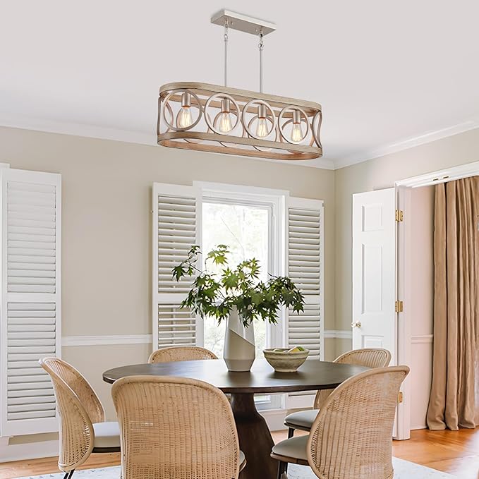 XINGQI Kitchen Island Chandelier for Dining Room Modern Farmhouse Rectangle Pendant Lighting Fixture Vintage Linear Hanging 4-Light Rustic Living Room, Antique Brushed Nickel and Wood Grain Finish