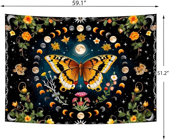 Delur Butterfly Moon Flower Tapestry Botanical Floral Plant Boho Tapestry Wall Hanging Mandala Aesthetic Mushroom Retro Vintage Headboard for Bedroom Living Room Home Decor (51.2" x 59.1")