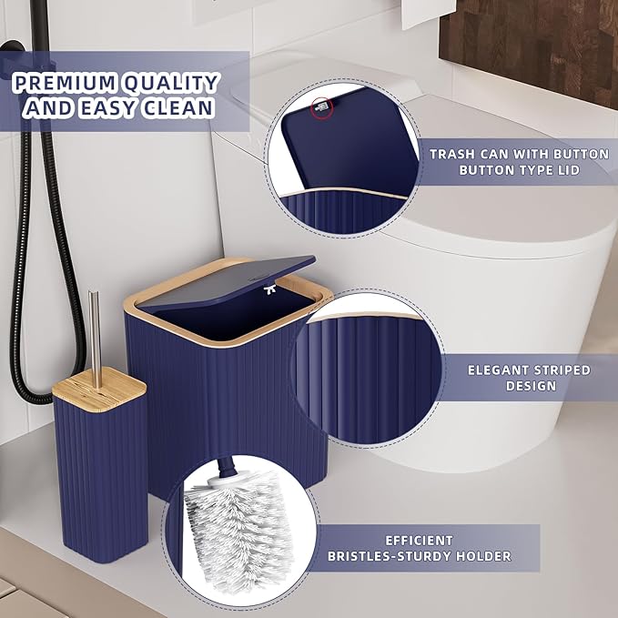 Bathroom Accessories Set - Elegant Blue Bathroom Set, 10PC Bathroom Accessory Set, Toilet Brush, Trash Can, Qtip Holder Dispenser & Soap Dispenser