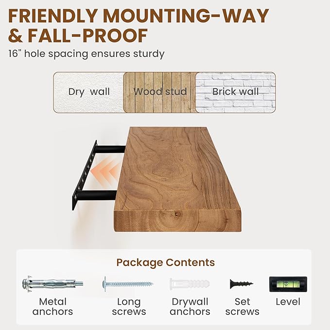 40 Inch Floating Shelves for Wall, Rustic Elm Wood Shelf for Home Decor, Heavy-Duty Wooden Floating Shelves for Kitchen, Wall Mounted Storage Shelves for Bathtoom, Living Room, Natural Color, Set of 1