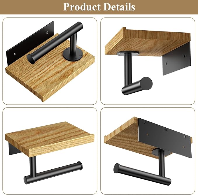 Tindbea Toilet Paper Holder with Wood Shelf, Wooden Wall Mount Tissue Roll Holder, Matte Black Stainless Steel Bathroom Accessories Decor for Household Home Apartment Restroom Essential (Red Oak)