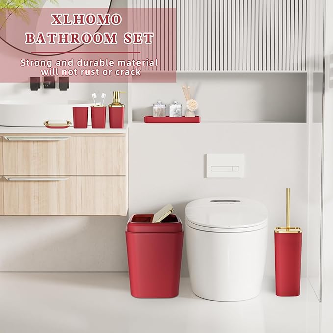 Dark Red Bathroom Accessory Set, 9-Piece Burgundy Bathroom Set with Trash Can, Toothbrush Holder, Toothbrush Cup,Soap Dispenser,Soap Dish,Toilet Brush Holder,2 Qtip Holder Dispensers and Tray