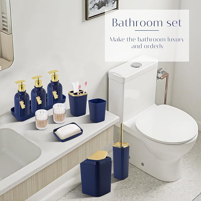 17PCS Bathroom Accessory Set Bathroom Set Navy Blue Bathroom Accessories,Toilet Brush, Trash Can, Qtip Holder Dispenser& 3PCS Soap Dispenser