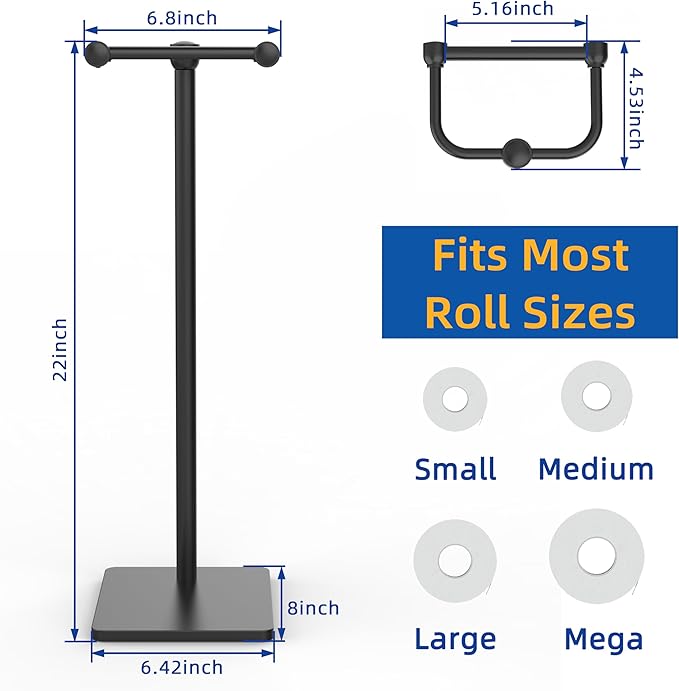 RUACQ Toilet Paper Holder Stand, Bathroom Toilet Paper Roll Holder Free Standing, Toilet Tissue Holder Stand with Post Pivoting Design, Stable Weighted Base, SUS304 Stainless Steel (Matte Black)