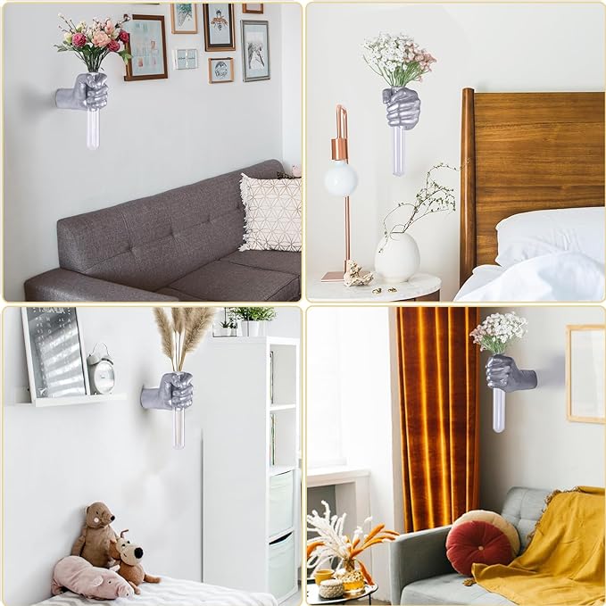 Silvery Wall Sculptures, Hand Vases Home Decor, Wall Mount Art Sculpture, Unique Wall Art Statue, Funky Flower Vase Decorations, Modern Eclectic Hanging Decor,Glass Test Tube Vase (Silvery)