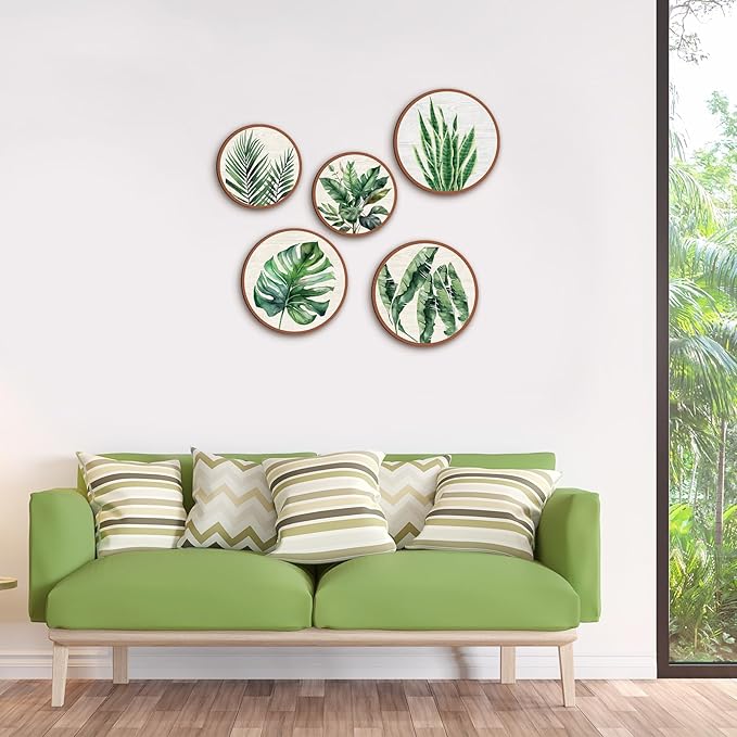Qunclay 5 Pcs Wall Art Decor Wooden Living Room Wall Decor Bohemian Hanging Farmhouse Geometric 10'' and 8'' Aesthetic Wood Minimalist Posters for Bedroom(Leaves)