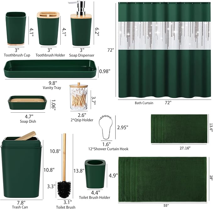 Dark Green Bathroom Accessories Set with Sequin Shower Curtain Dark Green Bathroom Decor with Trash Can,Toothbrush Holder, Toothbrush Cup,Soap Dispenser, Tray, Soap Dish,Toilet Brush